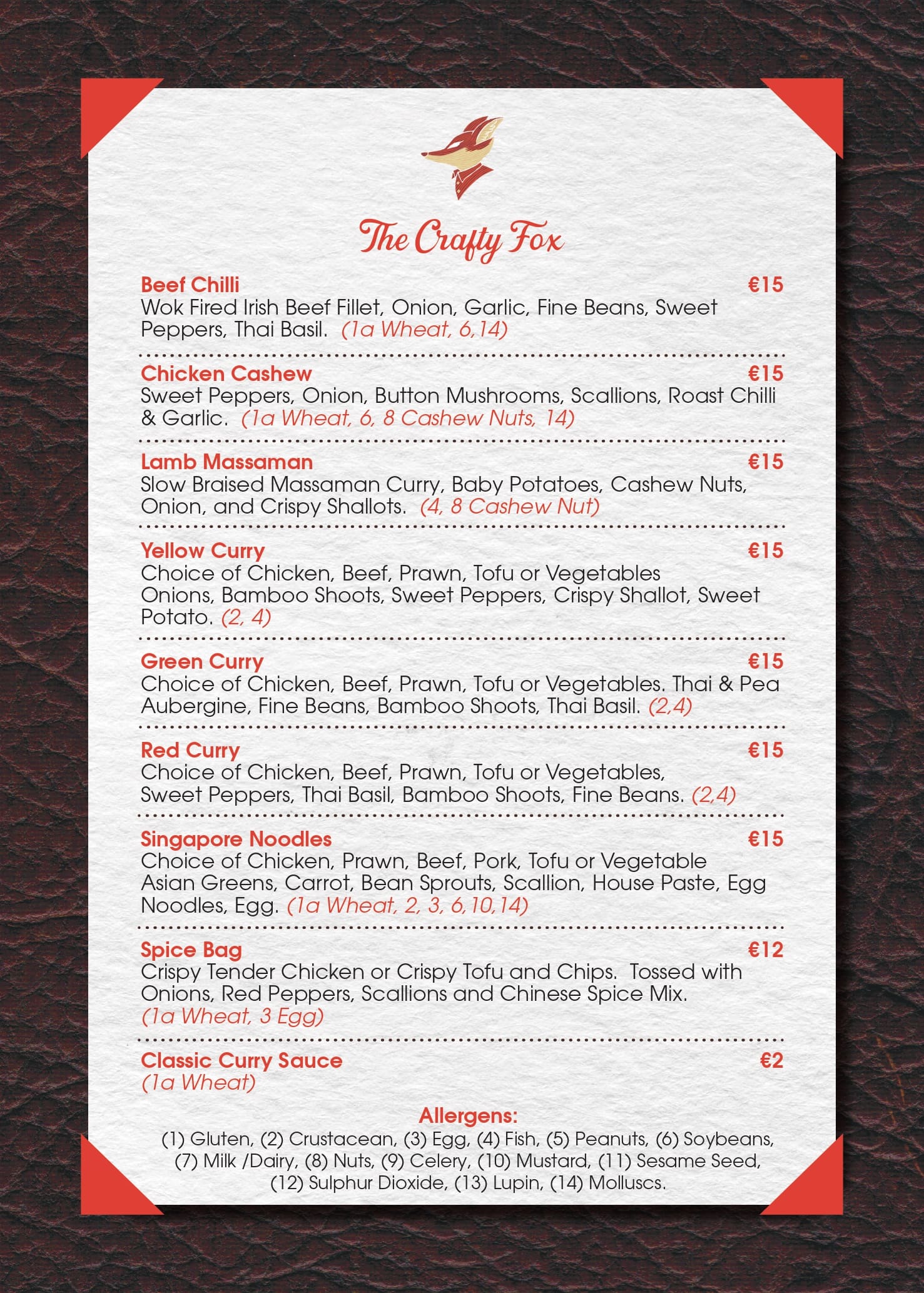 Crafty Fox Menu