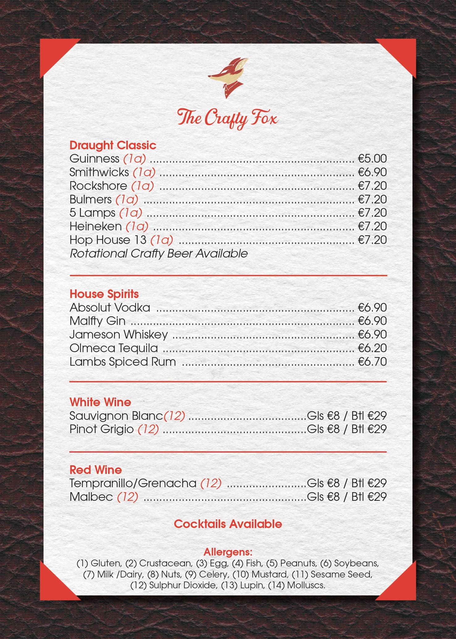 Crafty Fox Menu